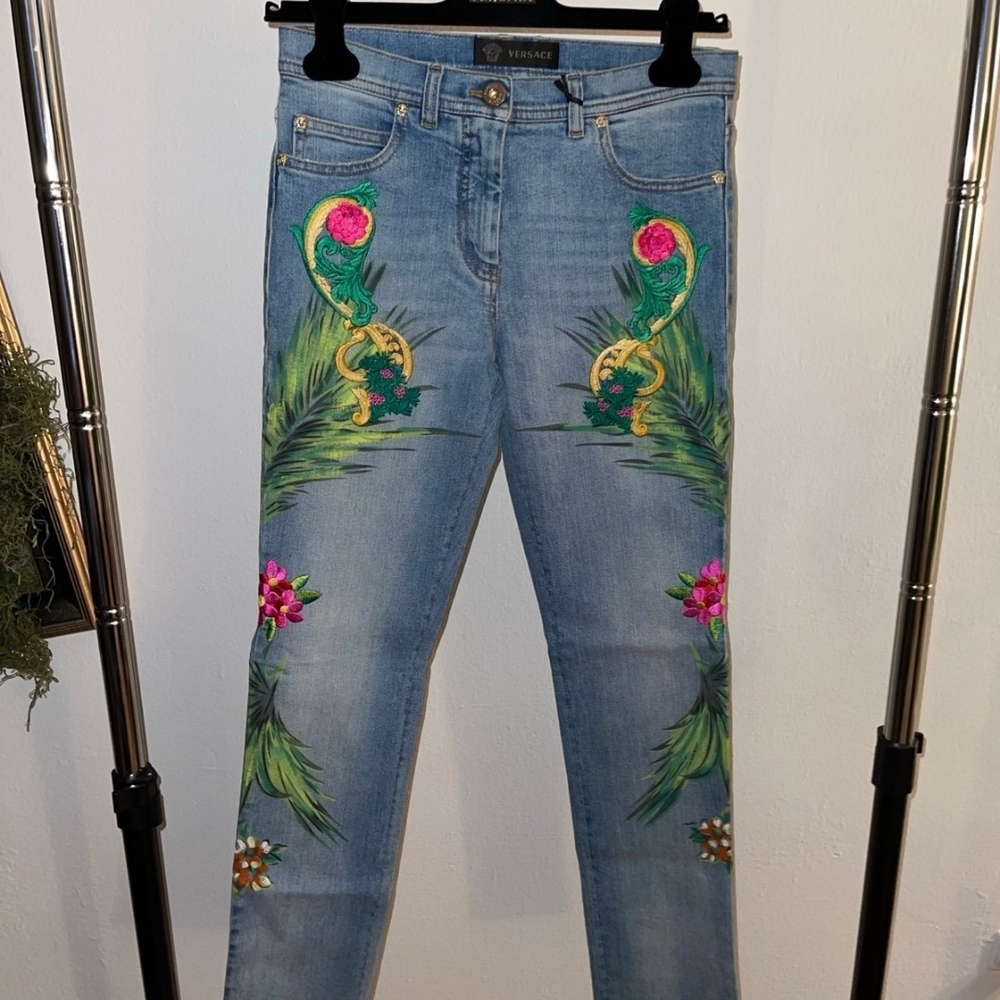 Versace Women's Blue Embroidered Jeans